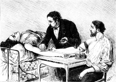 Dr. Roussell, de Genebra, dando a uma mulher uma transfusão direta de sangue de um voluntário, 1882 de Unbekannt