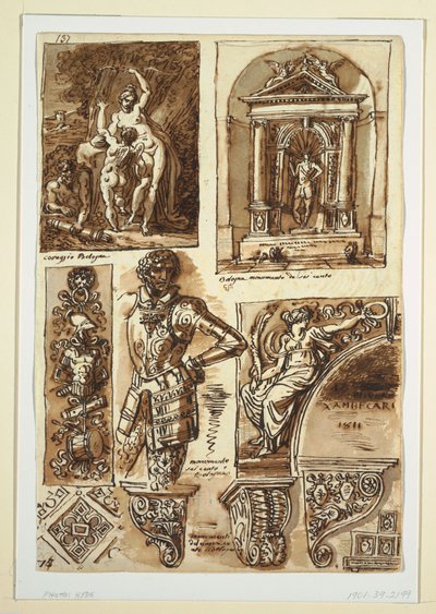Desenho, folhas de estudos após monumentos à bolonhesa, 1811-14 de Unbekannt