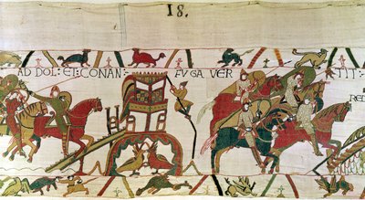 Duque Conan foge de Dol com os cavaleiros do Duque William em perseguição, Bayeux Tapestry (bordado de lã em linho) de Unbekannt