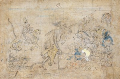 Durga e Kali se aproximam dos exércitos reunidos de Chanda e Munda..., ca. 1780. de Unbekannt