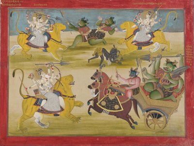 Durga lutando contra o Shunga e Nishunga do Rakshasa, de um Devi Mahatmya, meados do século XIX. de Unbekannt