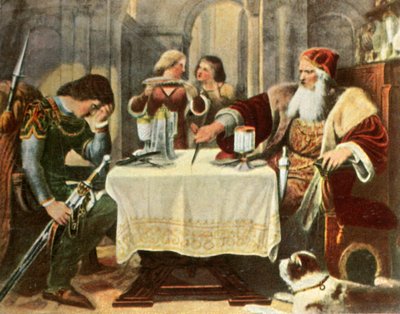Eberhard corta ao meio a toalha de mesa entre ele e seu filho Ulrich, 1377, 1936. de Unbekannt