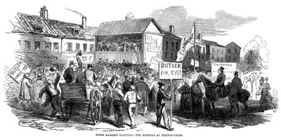 Hustings eleitorais em Stepney Green durante a eleição dos Tower Hamlets, Londres, 1852 de Unbekannt