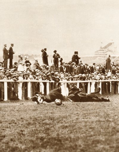 Emily Davison se jogando na frente do cavalo Kings durante o Derby, Epsom, Surrey, 1913 de Unbekannt
