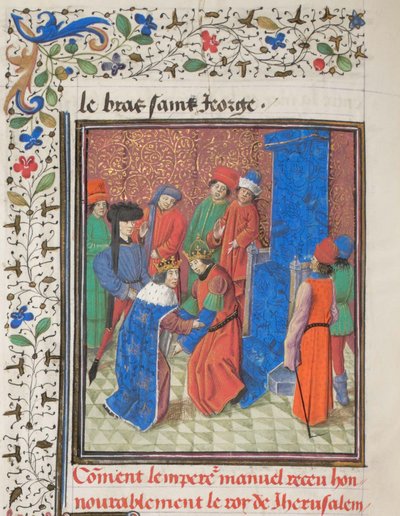 O imperador Manuel I Komnenos se encontra com o rei Amalric I de Jerusalém. Miniatura da História de William of Tyre, 1460s de Unbekannt