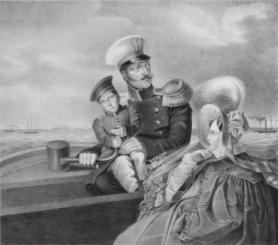 Imperador Nicolau I e Imperatriz Alexandra Fyodorovna com o filho Konstantin Nikolaevich em uma viagem de barco, de Unbekannt
