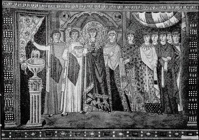 Imperatriz Teodora e membros de sua corte, bizantina, original do início do século 20 datada do séc. de Unbekannt