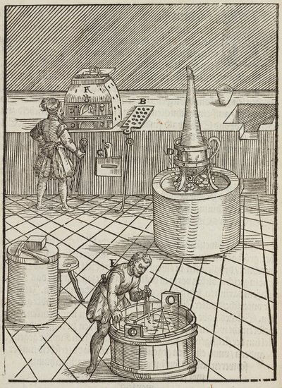 Equipamento e análise de minérios de ouro e prata - Gravura a partir da descrição dos minérios e principais métodos de mineração, por Lazarus Ecker de Unbekannt
