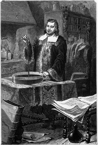 Evangelista Torricelli, físico italiano, inventando o barômetro de mercúrio, 1643 1873 de Unbekannt