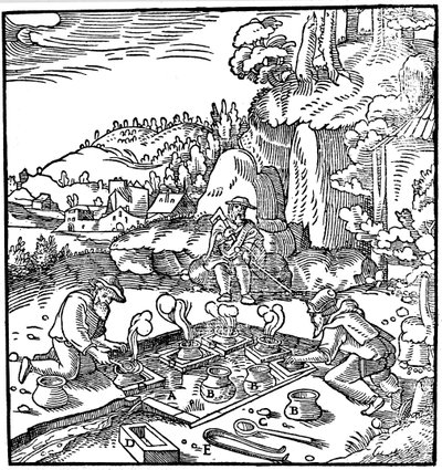 Potes de evaporação de salmoura em uma fonte termal natural para obter sal, 1556 de Unbekannt