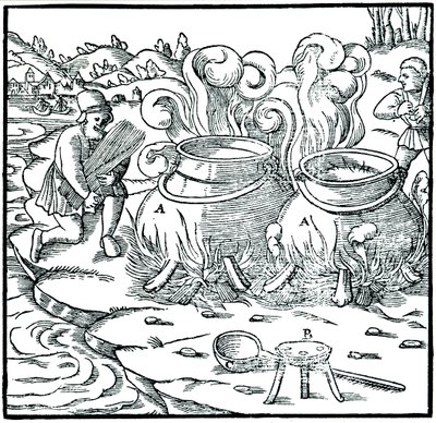 Evaporação da água do mar em panelas de ferro para obter sal, 1556 de Unbekannt