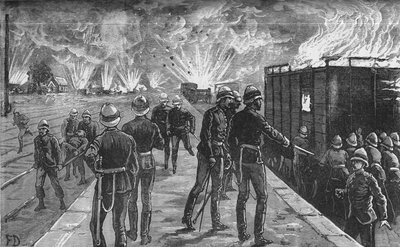 Explosão na estação ferroviária do Cairo: explosão de cartuchos e munições, c1882-85 de Unbekannt