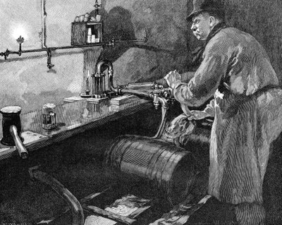 Enchendo barris de cerveja em uma cervejaria americana, 1885 de Unbekannt