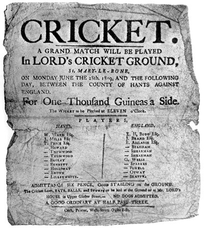 Flyer anunciando uma partida de críquete entre Hampshire e Inglaterra, 1819 1912 de Unbekannt