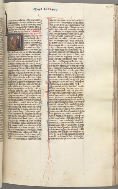 Fol. 205r, Jó, historiou o V inicial, Jó na colina, dado um brinco de ouro, c. 1275-1300. de Unbekannt