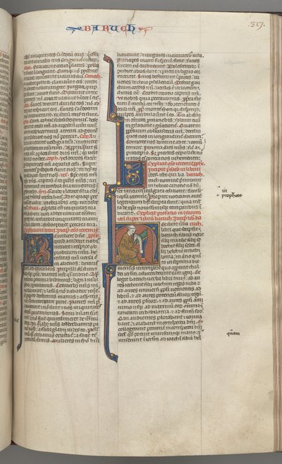 Fol. 317r, Baruch, historiador inicial H, Baruch sentado em uma mesa escrevendo em um pergaminho, c. 1275-1300. de Unbekannt
