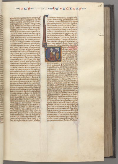 Fol. 36r, Levítico, historiada inicial V, Moisés oferecendo um cordeiro sacrificial em um altar, c. 1275-1 de Unbekannt