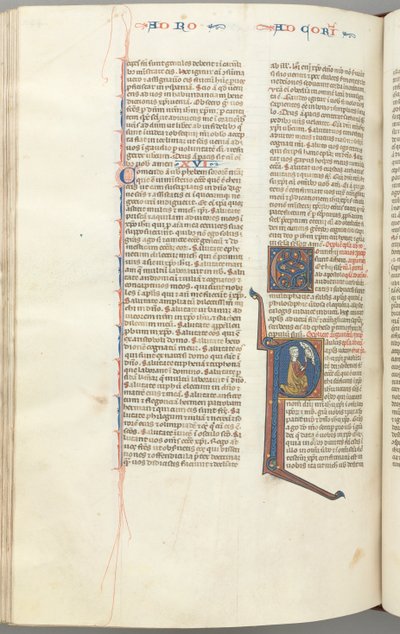 Fol. 440v, Coríntios I, historiado P inicial, Paulo ajoelhado conversando com o busto de Deus acima, c. de Unbekannt