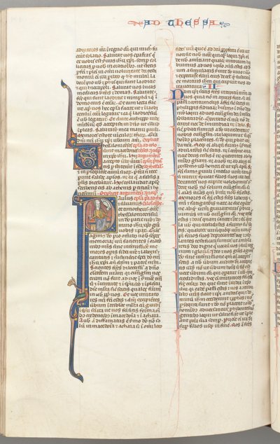 Fol. 454v, Tessalonicenses I, historiador P inicial, Paulo sentado com uma espada e um livro ..., c. 1275-13 de Unbekannt