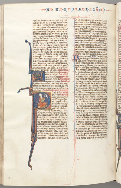 Fol. 455v, Tessalonicenses II, P inicial historiado, Paulo sentado com uma espada ..., c. 1275-1300. de Unbekannt