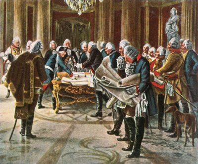 Frederico, o Grande, mantém um conselho de guerra com seus generais, agosto de 1756, 1936. de Unbekannt