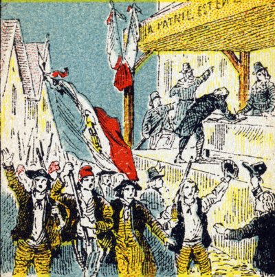 Revolução Francesa: os corolários voluntários dos revolucionários. Gravura no "Histoire de France". Série de imagens publicitárias publicadas em nome de Louit, 24 rue d