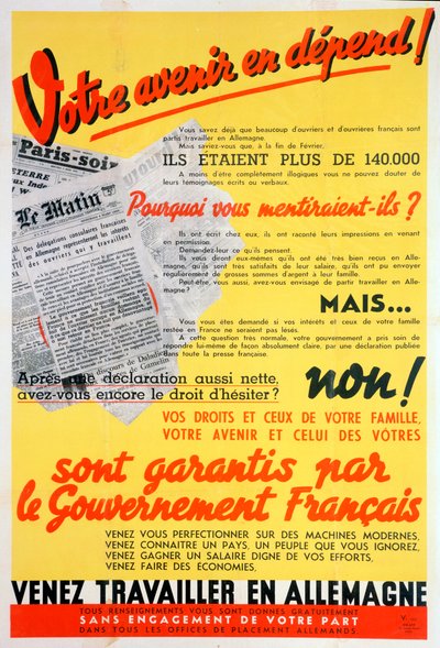 Cartaz de trabalhadores franceses para a Alemanha, c1942-c1944 de Unbekannt