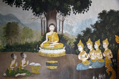 Fresco retratando uma cena da vida do Buda em Wat Phra Doi Suthep, Chiang Mai. Buda recebendo esmolas. Tailândia de Unbekannt