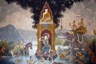 Fresco retratando uma cena da vida do Buda em Wat Phra Doi Suthep, Chiang Mai. Phra Mae Thorani torce seus longos cabelos e torrentes de água criam uma inundação. Tailândia de Unbekannt