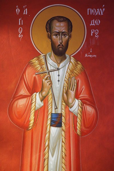 Fresco na igreja da Santa Cruz, Pedoulas. Saint Polydor de Chipre, 20150510, Pedoulas, Chipre de Unbekannt