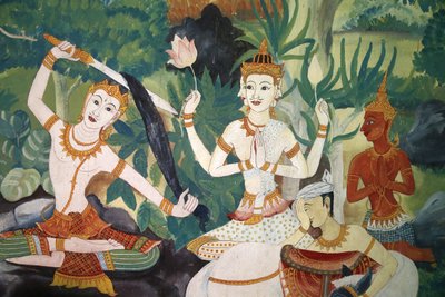 Fresco em Wat Ampharam, Hua Hin, Tailândia. Buda cortando o cabelo e renunciando à sua vida anterior. de Unbekannt