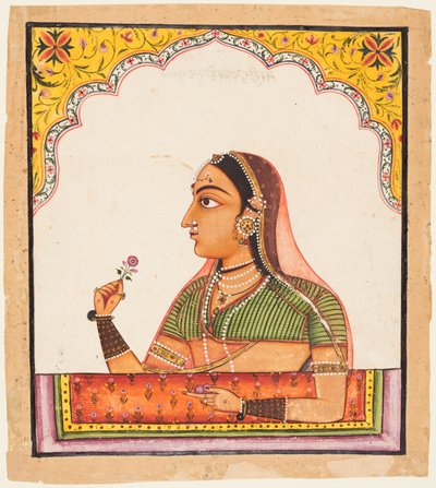 De uma série de retratos femininos: Uma senhora em uma janela jharoka segurando uma rosa, c. 1730 de Unbekannt