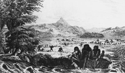 Fuegianos em Woollya, com o campo de expedições de Fitzroy em segundo plano, 1831 1839 de Unbekannt