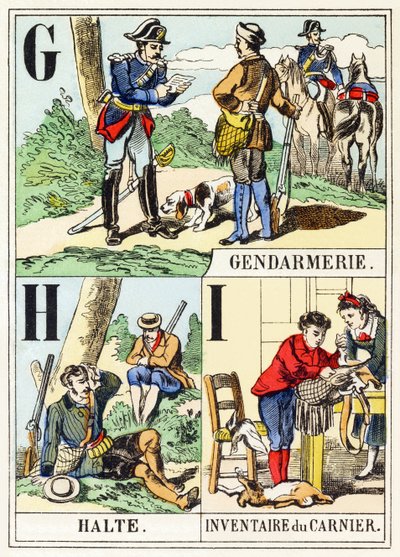 GHI: Gendarmerie, Halte, Inventory of the game bag - The Hunting Alphabet, c.1890 (gravura) de Unbekannt