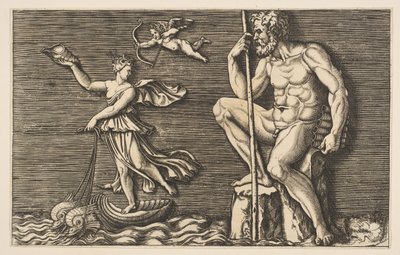 Galatea escapando de Polifemo, ele está sentado em uma rocha segurando um cajado e canos e ..., ca. 1515-1600. de Unbekannt
