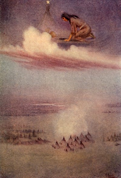 Olhando para baixo, ela viu o acampamento dos Blackfeet