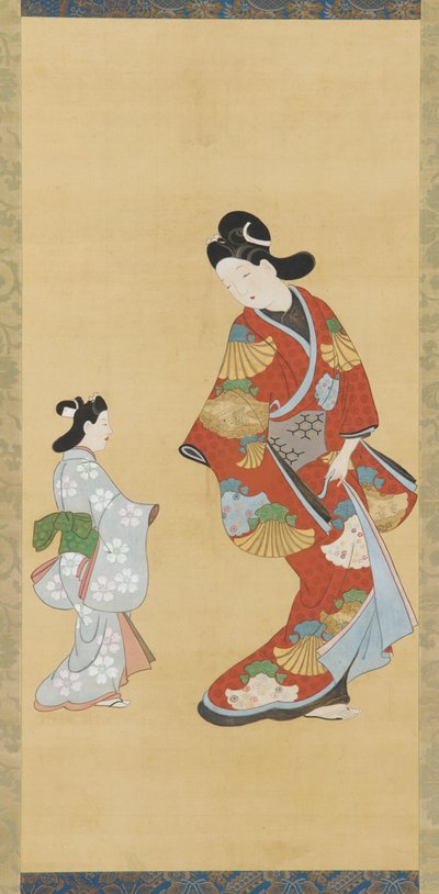 Menina de vestido escarlate e dourado com uma criança, 1615-1868. de Unbekannt
