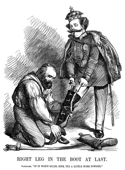 Giuseppe Garibaldi ajudando Victor Emmanuel II a vestir a bota da Itália, 1860 de Unbekannt
