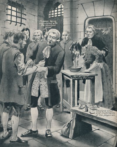 Dando prisioneiros a varíola na prisão, final do século XVIII, c1934 de Unbekannt