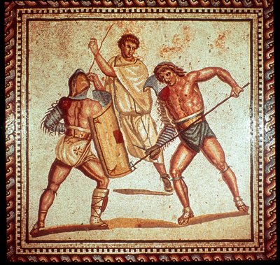 Gladiadores na arena, mosaico romano, Saarbrucken, Alemanha de Unbekannt