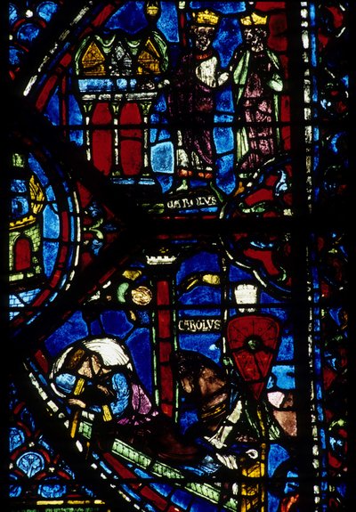 Arquitectura gótica. Histoire de Charlemagne (detalhe): Carlos Magno (742-814) recebe 3 caçadas (alta) e Visão de Constantino (I, Imperador Bizantino). Vidro manchado do ambulatório do norte, absidial. Cathedrale de Chartres. de Unbekannt