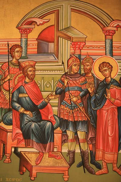 Ícone ortodoxo grego representando um mártir com um governador romano Thessalonique Grece de Unbekannt