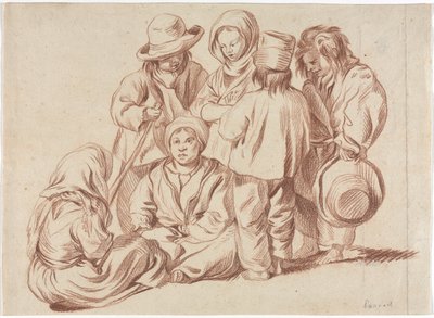 Grupo de seis crianças, esboço de uma vila verso, década de 1700. de Unbekannt