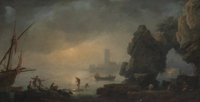 Cena do porto com uma gruta e pescadores transportando nas redes. de Unbekannt