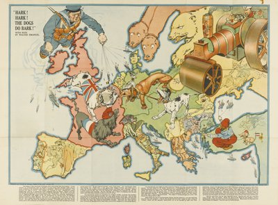 Hark! Hark! Os cães latem! Mapa satírico europeu, 1914 de Unbekannt