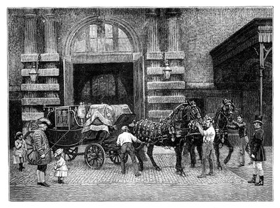 Aproveitando os cavalos pretos no Royal Mews, Palácio de Buckingham, Londres, c1888 de Unbekannt