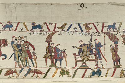Harold e o Conde Guy de Ponthieu conversando juntos em Beaurain, Bayeux Tapestry (bordado de lã em linho) de Unbekannt