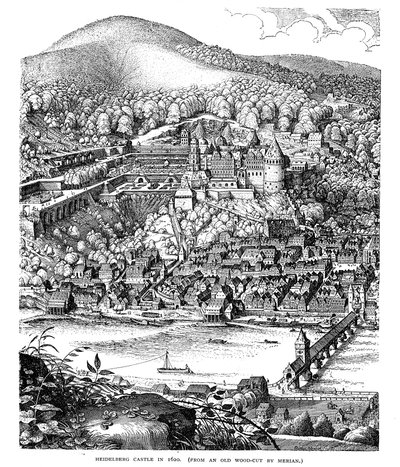 Castelo de Heidelberg e cidade vista através do rio Neckar, Alemanha, em 1620 de Unbekannt