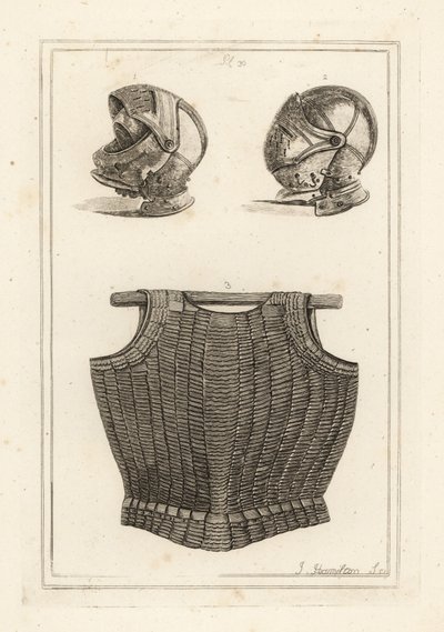 Capacete encontrado no Campo Bosworth, e cuirass flexível de laminas de metal em couro que se diz ter pertencido ao Rei Henrique VIII de Unbekannt