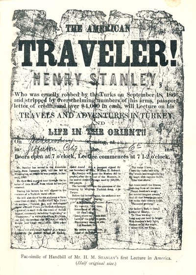 Henry M.Stanley, folheto da Lecture Tour na América, aos 31 anos descobriu o Dr.Livingstone em Afric de Unbekannt